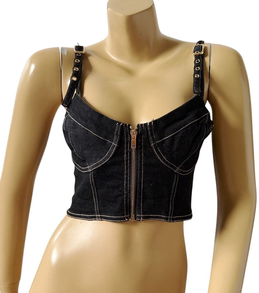 Say What Denim Corset Crop Top Womens Large Black Zip Front Strappy Bustier Y2K